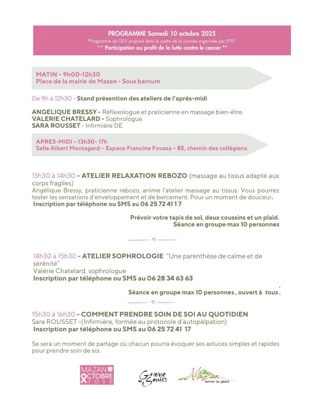 Affiche du programme de la journée bien-être et prévention à Mazan avec ateliers sophrologie et rebozo..